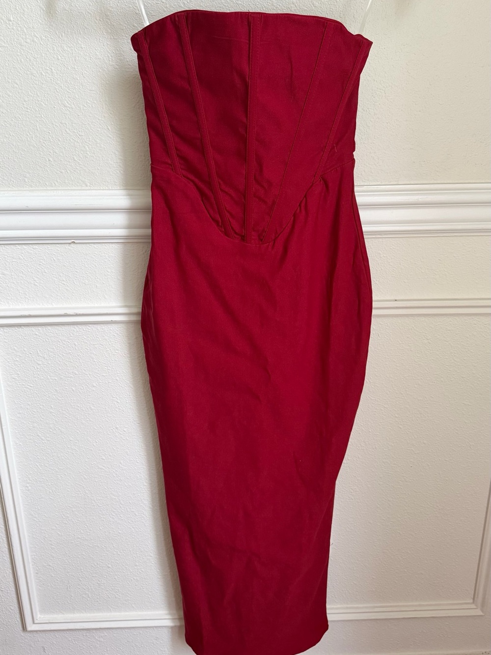 Strapless Sculpted Midi Dress in Wine Red